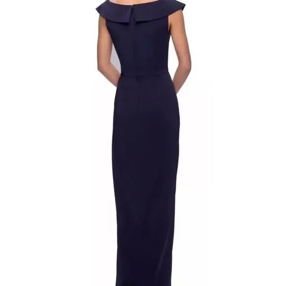 LA FEMME Surplice Off the Shoulder‎ Column Gown in Navy Blue 12 - Picture 3 of 8
